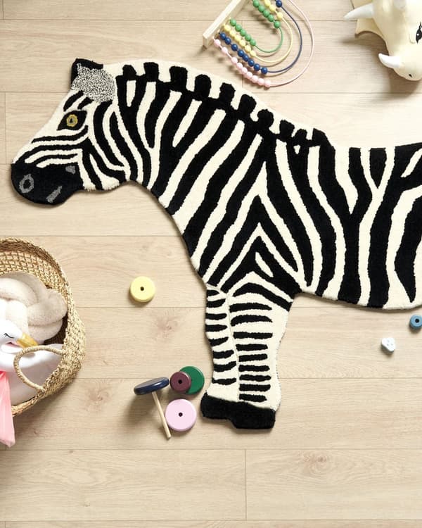 Barnmatta Vit och svart Ull Bomullsbaksida 100 x 160 cm Lekrumsmatta Djurmönster Zebra Barnrum Sovrum