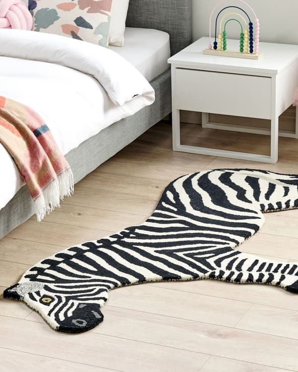 Barnmatta Vit och svart Ull Bomullsbaksida 100 x 160 cm Lekrumsmatta Djurmönster Zebra Barnrum Sovrum