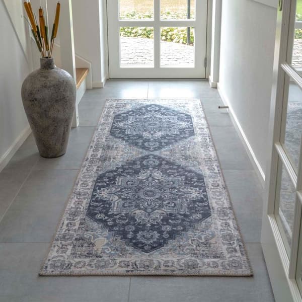 Vintage entrématta 80x200 cm i blå och beige polyester - FAGUO