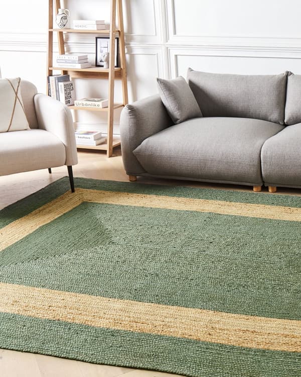 Matto vihreä 200 x 300 cm juutti luonnollinen punottu käsintehty raitakuvio boho