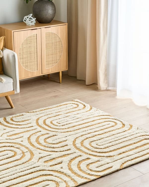 Teppe i offwhite og gul bomull 160 x 230 cm Abstrakt mønster Motiv Stue Soverom Moderne design
