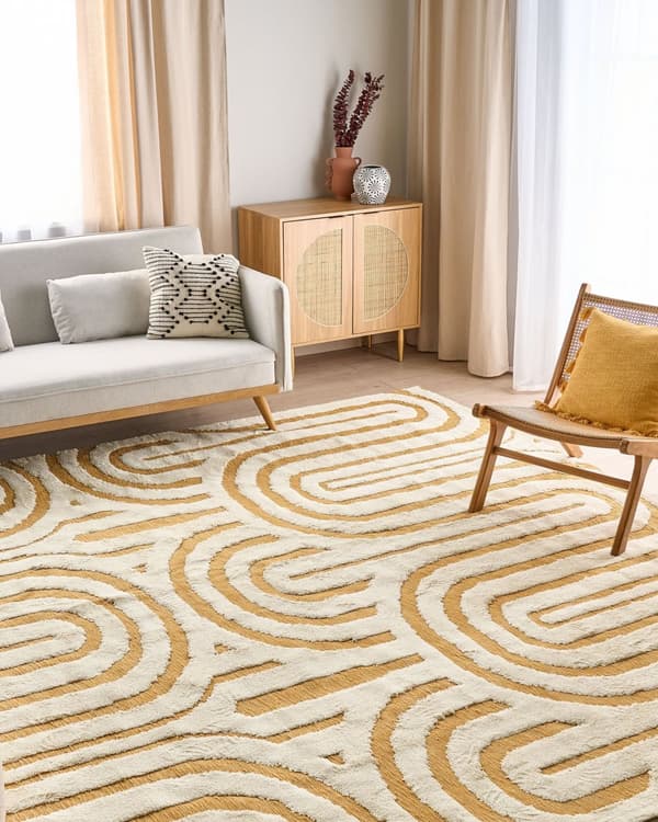Teppe i offwhite og gul bomull 300 x 400 cm Abstrakt mønster Motiv Stue Soverom Moderne design