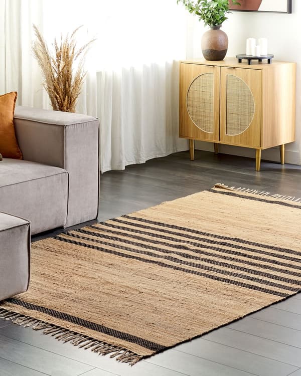 Teppe Beige Jute 160 x 230 cm Flettet Håndlaget Stripete Mønster Naturlig Boho-stil Tekstil