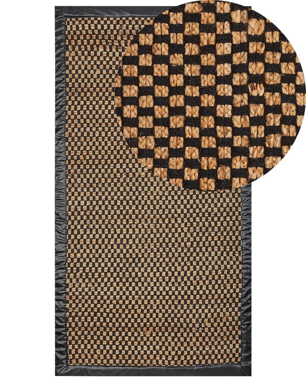 Teppe i svart og beige jute bomullsskinn 80 x 150 cm Rektangulært håndvevd teppe Rutete mønster Rustikk tradisjonell design