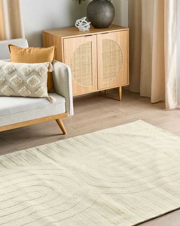 Gulvtæppe Beige Uld 160 x 230 cm Uldtæppe med Mønster Fladvævet Løs Tæppe til Gulvet under Sofabord Gulvtæp Lyddæmpende
