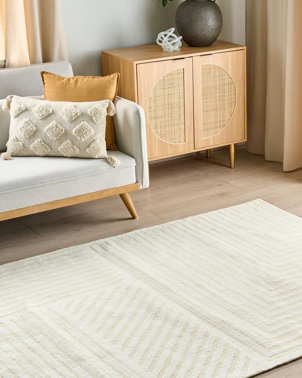 Gulvtæppe Beige Uld 160 x 230 cm Uldtæppe med Mønster Fladvævet Løs Tæppe til Gulvet under Sofabord Gulvtæp Lyddæmpende