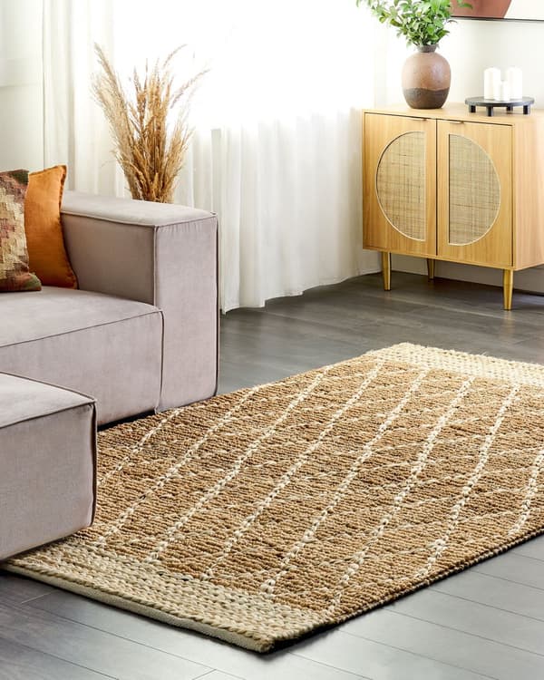Matto beige 160 x 230 cm juutti käsinkudottu geometrinen kuvio luonnollinen suorakulmio boho