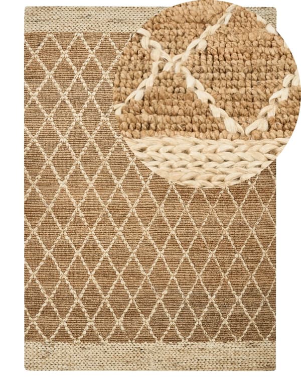 Matto beige 160 x 230 cm juutti käsinkudottu geometrinen kuvio luonnollinen suorakulmio boho