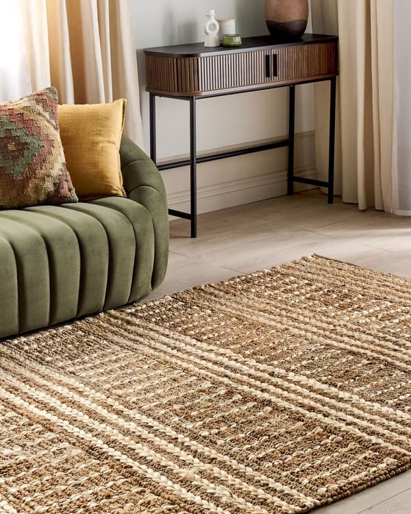 Matto beige 160 x 230 cm juutti raidallinen suorakulmio käsinkudottu luonnollinen rustiikkinen
