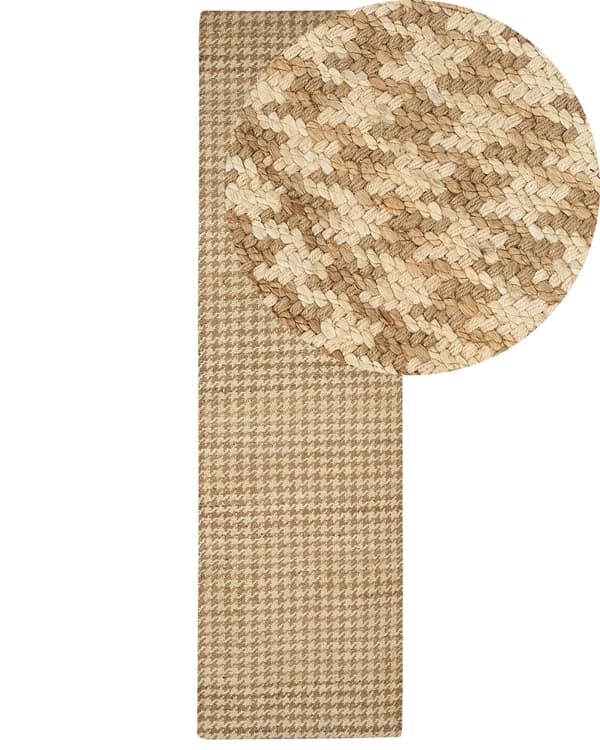 Matto beige 80 x 300 cm juutti luonnollinen käsinkudottu kukonaskelkuvio suorakulmio rustiikkinen