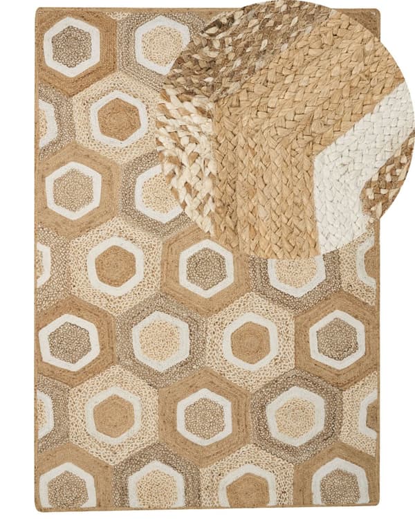 Matto beige 160 x 230 cm juutti suorakulmio käsinkudottu geometrinen kuvio luonnollinen boho