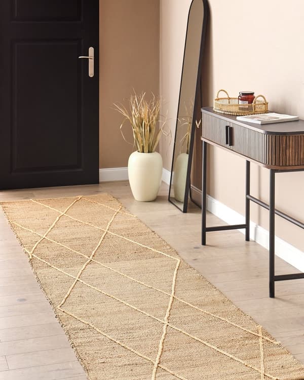Teppe Beige Jute 80 x 300 cm Geometrisk mønster Håndvevd Boho Gang Soverom
