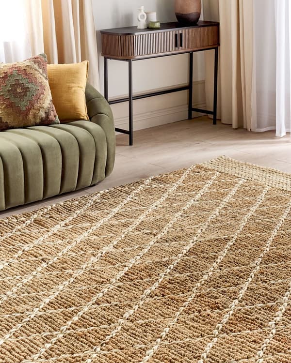 Teppe Beige Jute 200 x 300 cm Geometrisk Mønster Håndvevd Boho Stue Soverom