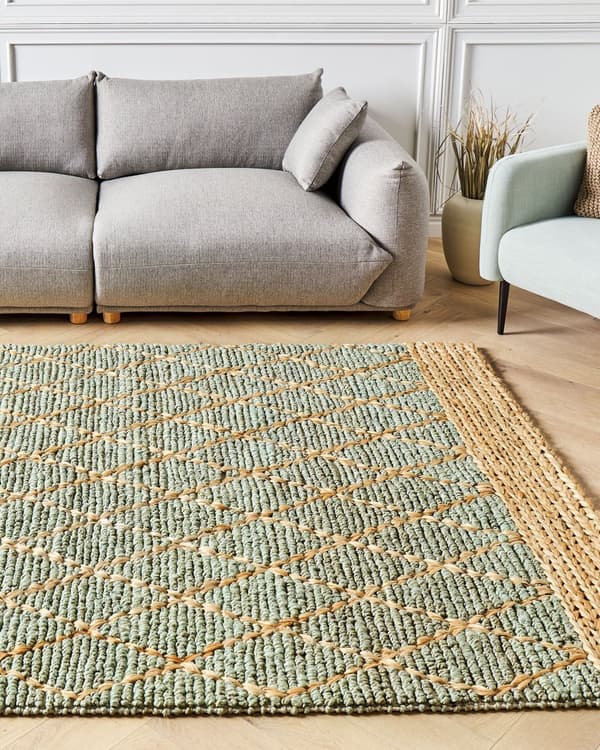 Grønt og beige teppe i jute 160 x 230 cm Geometrisk mønster Håndvevd Boho Stue Soverom