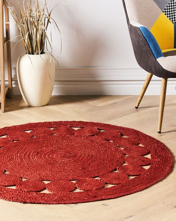 Teppe Rød Jute ø 120 cm Rund Håndvevd Boho Stil Gang Stue Soverom