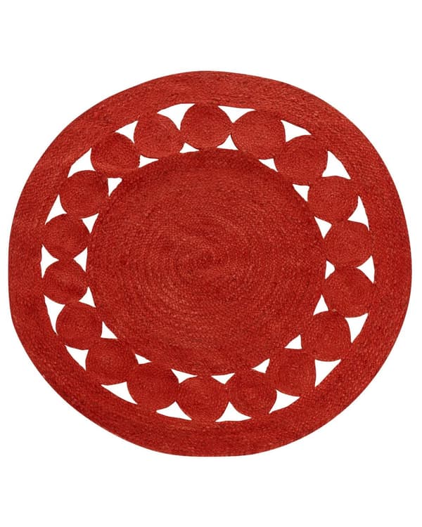 Teppe Rød Jute ø 120 cm Rund Håndvevd Boho Stil Gang Stue Soverom