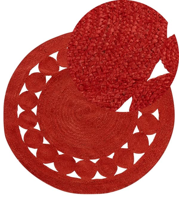 Teppe Rød Jute ø 120 cm Rund Håndvevd Boho Stil Gang Stue Soverom