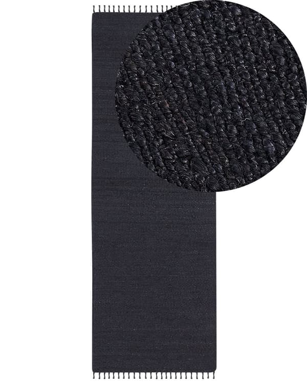 Løperteppe i svart jute 80 x 300 cm Rektangulær med dekorative dusker Håndvevd i boho-stil i gangen
