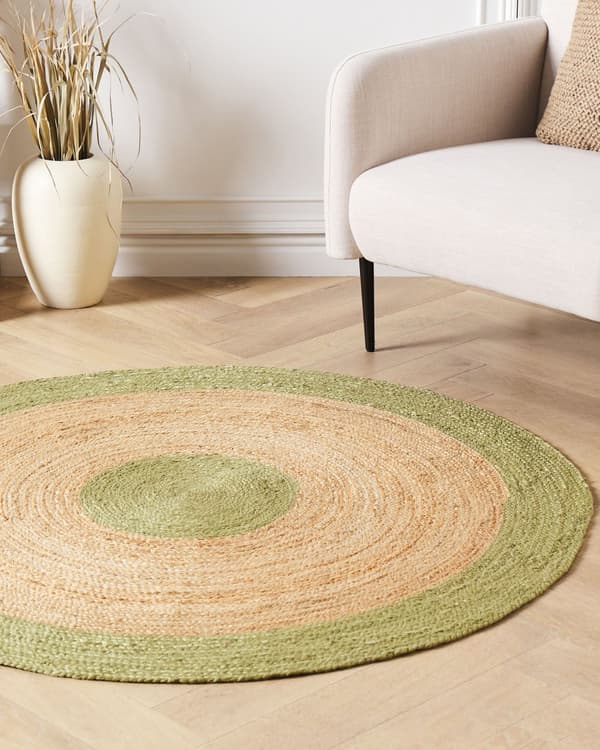 Flate teppe Beige og grønn jute ø 140 cm Rundt håndvevd i boho-stil Gang Stue Soverom