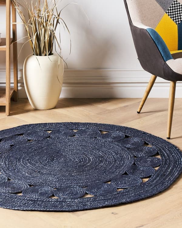 Teppe Mørkeblått Jute ø 120 cm Rundt Håndvevd Boho Stil Gang Stue Soverom