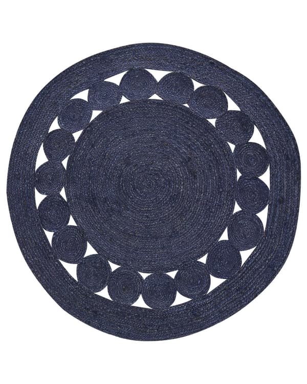 Teppe Mørkeblått Jute ø 120 cm Rundt Håndvevd Boho Stil Gang Stue Soverom