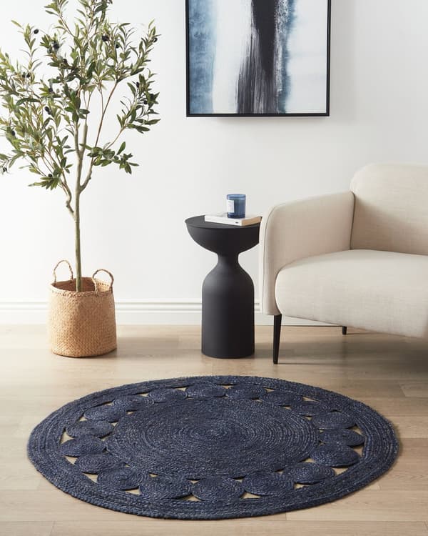 Teppe Mørkeblått Jute ø 120 cm Rundt Håndvevd Boho Stil Gang Stue Soverom