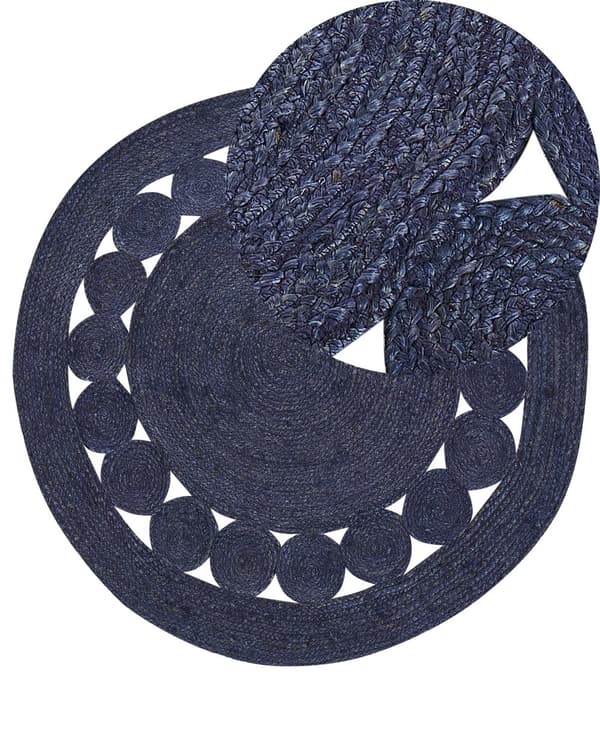Teppe Mørkeblått Jute ø 120 cm Rundt Håndvevd Boho Stil Gang Stue Soverom