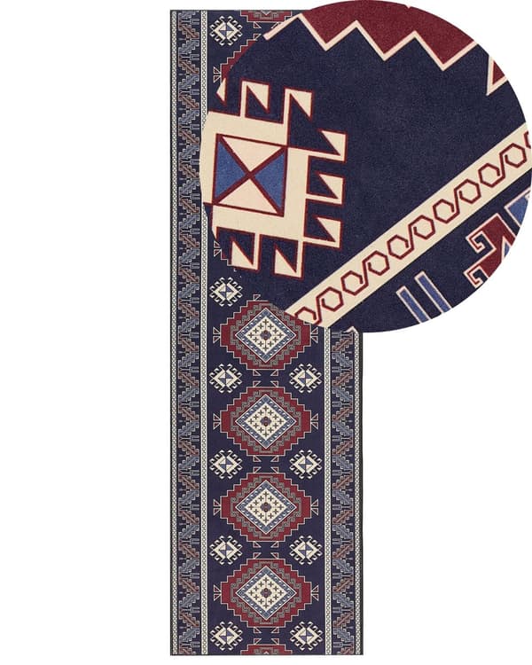 Matto sininen punainen polyesteri 60 x 200 cm itämainen kuvio suorakulmio konekudottu retro tyyli