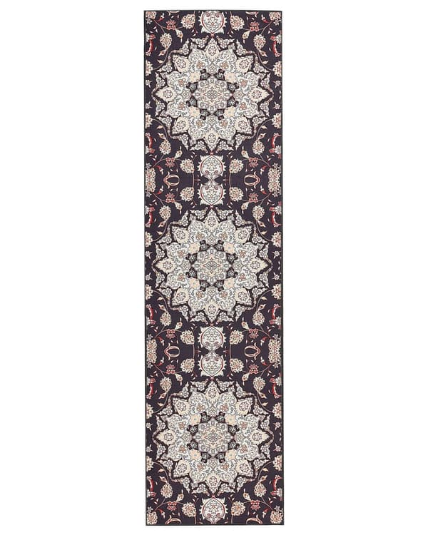 Matto musta beige 80 x 300 cm polyesteri konekudottu itämainen kuvio suorakulmio retro