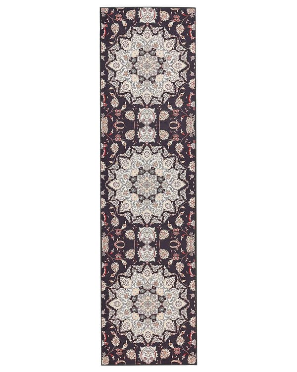 Matto musta beige 80 x 300 cm polyesteri konekudottu itämainen kuvio suorakulmio retro