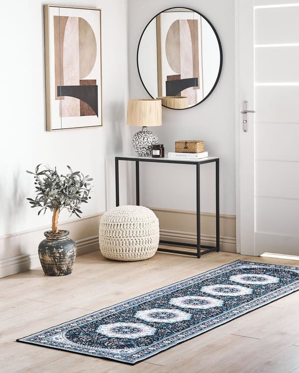 Matto sininen 80 x 240 cm polyesteri itämainen kuvio suorakulmio konekudottu retro