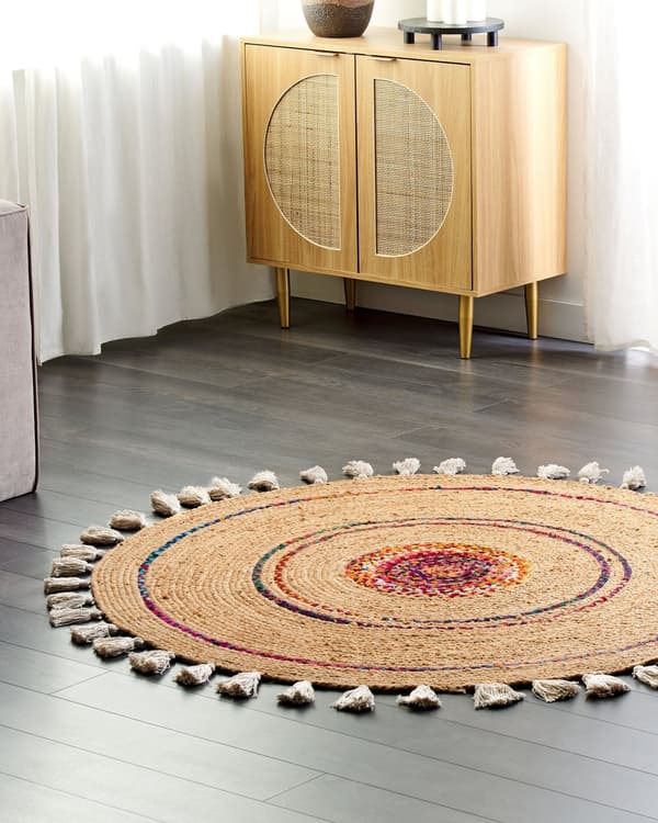 Matto beige 140 cm juutti puuvilla pyöreä käsinkudottu tupsut lattialämmitykselle boho