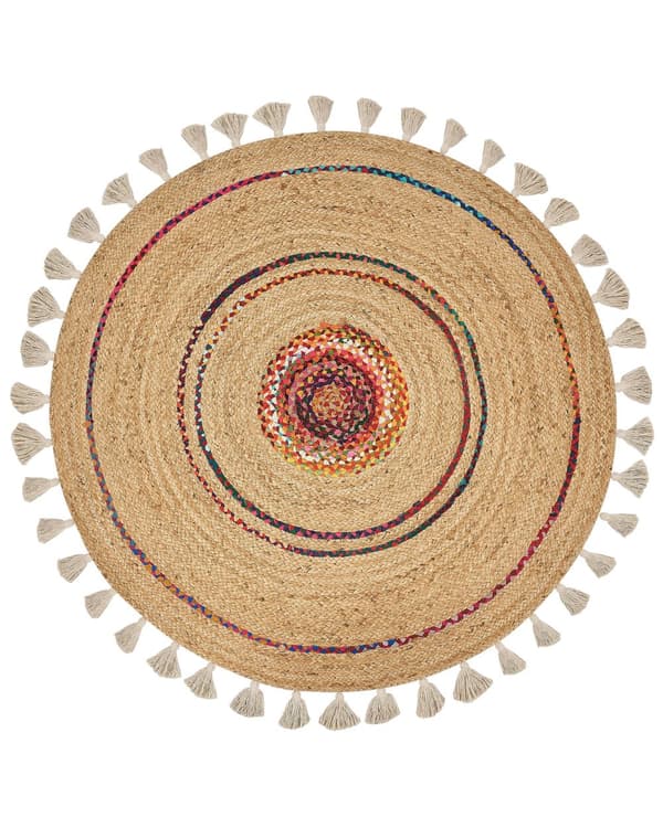Matto beige 140 cm juutti puuvilla pyöreä käsinkudottu tupsut lattialämmitykselle boho