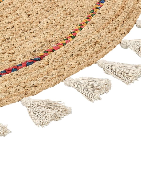 Matto beige 140 cm juutti puuvilla pyöreä käsinkudottu tupsut lattialämmitykselle boho