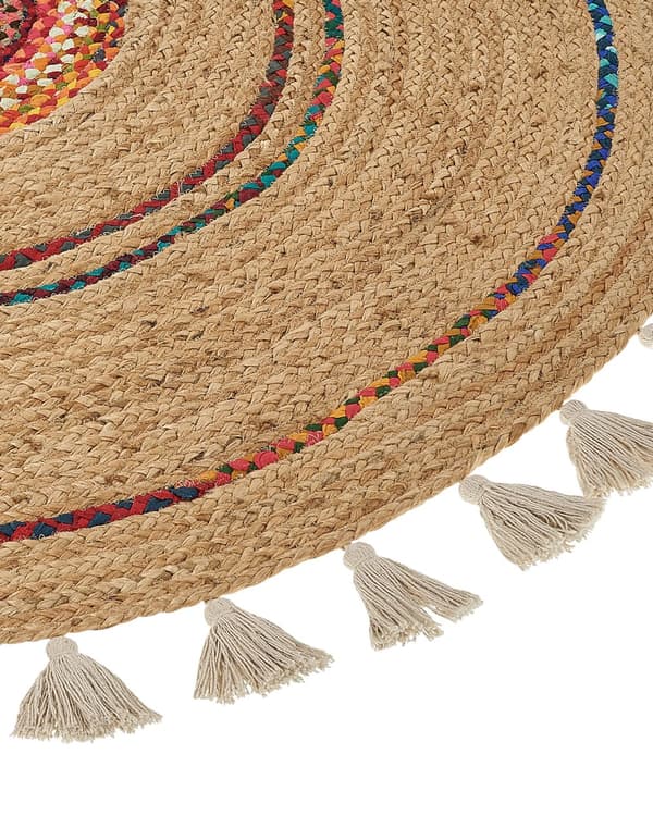 Matto beige 140 cm juutti puuvilla pyöreä käsinkudottu tupsut lattialämmitykselle boho