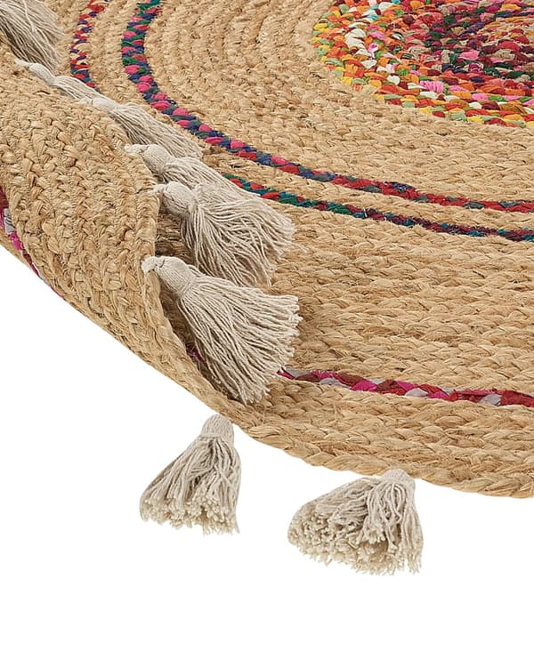 Matto beige 140 cm juutti puuvilla pyöreä käsinkudottu tupsut lattialämmitykselle boho