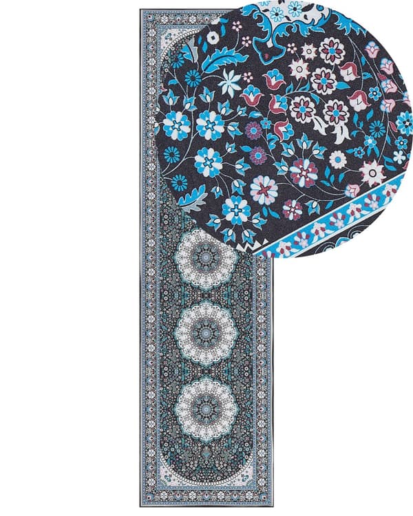 Løpeteppe blå polyester 80 x 300 cm orientalsk mønster sklisikker bunn Vintage Stil Moderne Gang