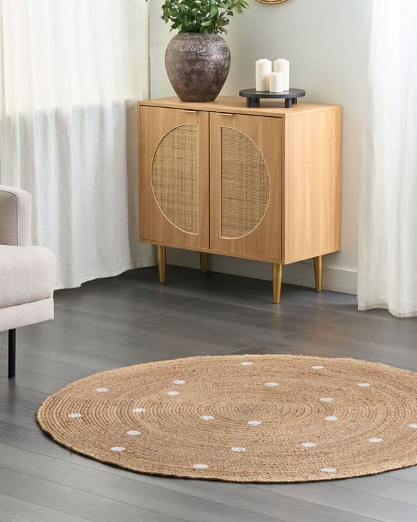 Rundt teppe i beige jute ø 140 cm Ensfarget med prikkmønster