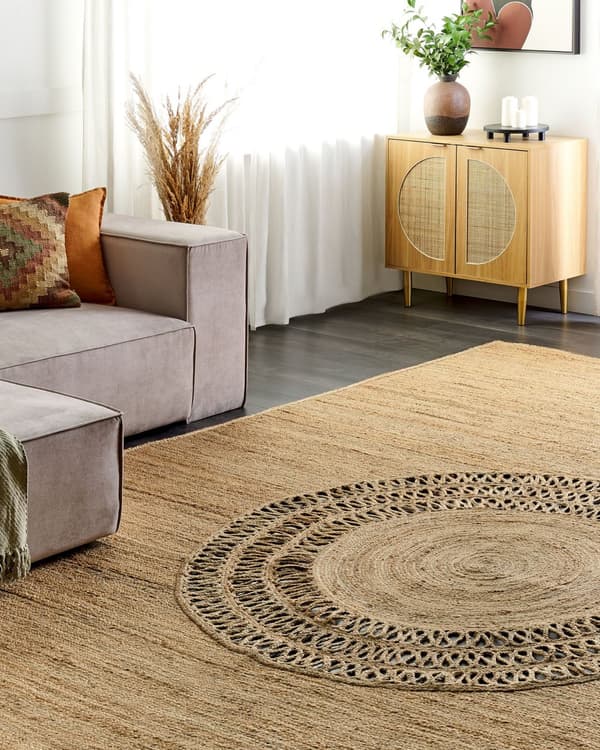 Matta Beige Jute 160 x 230 cm Flätad Handgjord Utskuret Mönster Naturlig Boho Stil Textil