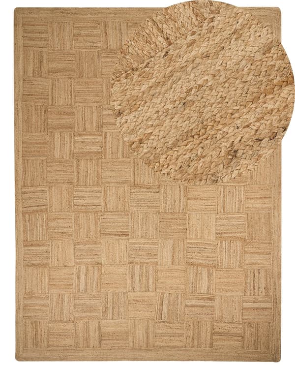 Ytor Matta Beige Jute 300 x 400 cm Flätad Handgjord Rutig Mönster Naturlig Boho Stil Textil