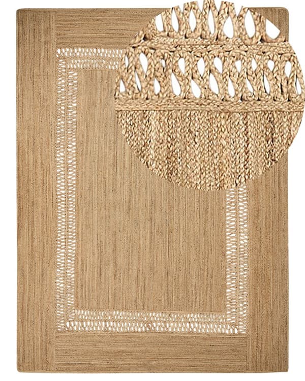 Beige Jute 300 x 400 cm Flätad Handgjord Utskuret Mönster Naturlig Boho Stil Textil
