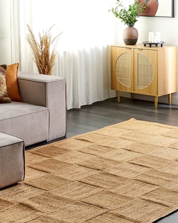 Ytor Matta Beige Jute 200 x 300 cm Flätad Handgjord Rutig Mönster Naturlig Boho Stil Textil