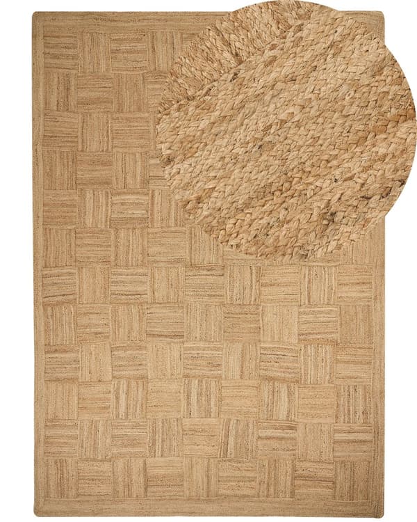 Ytor Matta Beige Jute 200 x 300 cm Flätad Handgjord Rutig Mönster Naturlig Boho Stil Textil