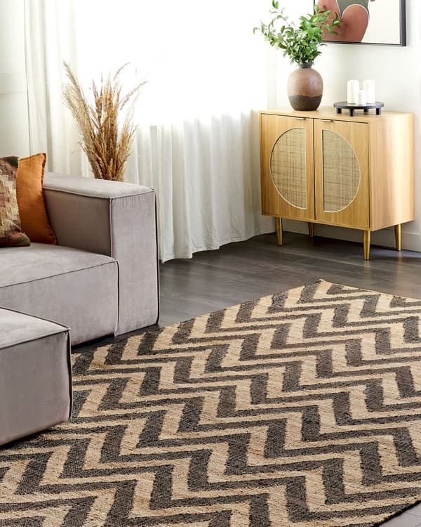 Matto beige musta 200 x 300 cm juutti geometrinen kalanruotokuvio suorakulmio luonnollinen boho