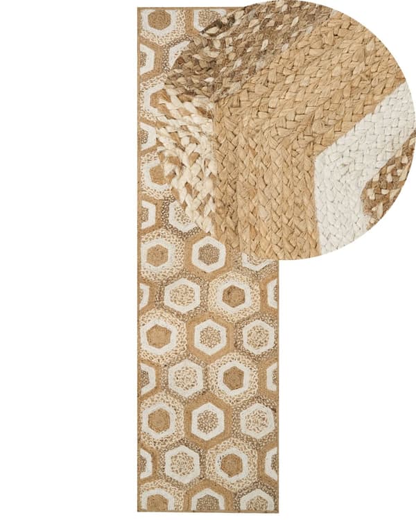 Gångmatta Beige Jute 80 x 300 cm Geometriskt mönster Handvävd Boho Hall Sovrum