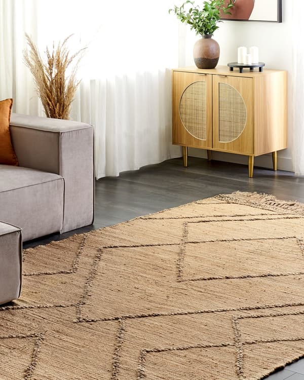 Matta Beige Jute 200 x 300 cm Handvävd Linjer Geometriskt mönster med tofsar Naturlig Boho Stil Textil