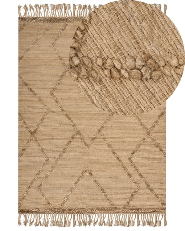Matta Beige Jute 200 x 300 cm Handvävd Linjer Geometriskt mönster med tofsar Naturlig Boho Stil Textil