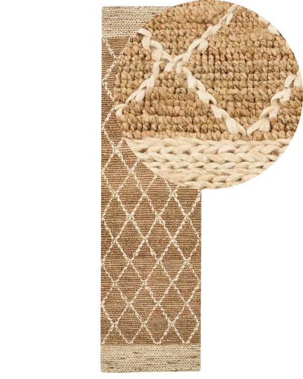 Gångmatta Beige Jute 80 x 300 cm Geometriskt mönster Handvävd Boho Hall Sovrum