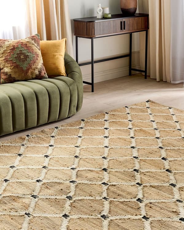 Gulvtæppe Beige Jute 200 x 300 cm Natur Tæppe Mønster Rustik Boho Stil Fladvævet Gulvtæp Flettet Jutetæppe til Sofabord Indretning Tilbehør