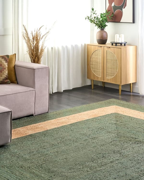 Gulvtæppe Beige Grøn Jute 300 x 400 cm Natur Tæppe Mønster Rustik Boho Stil Fladvævet Gulvtæp Flettet Jutetæppe til Sofabord Indretning